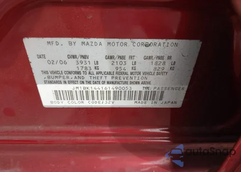 2006 Mazda Mazda3 S from USA, damaged, VIN JM1BK144161490053